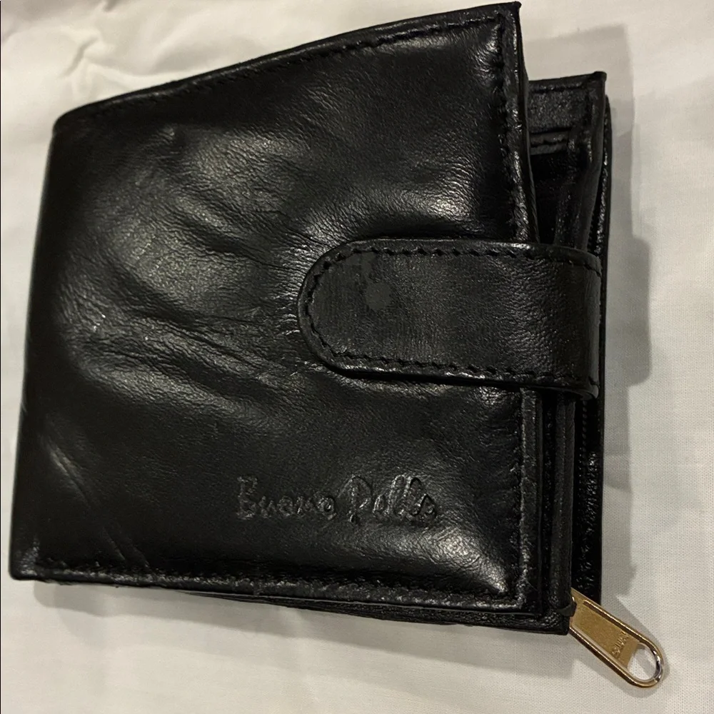 Black Leather Wallet Genuine Leather Billfold With zipper Pockets  Snap Closure